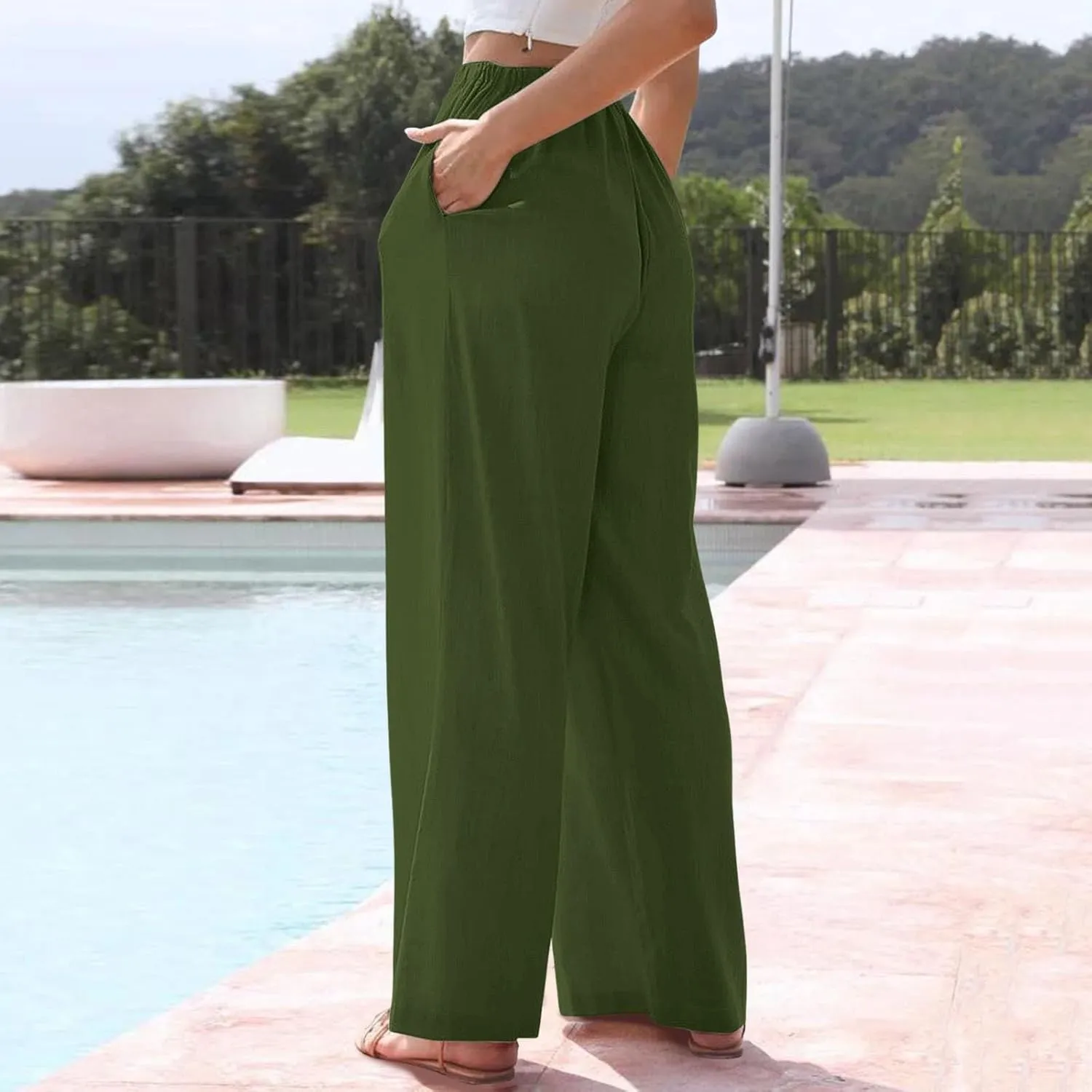 Women's 2025 Summer Linen Palazzo Pants High Waisted Flowy Wide Leg Beach Pants Palazzo Lounge Pant Trousers with Pocket