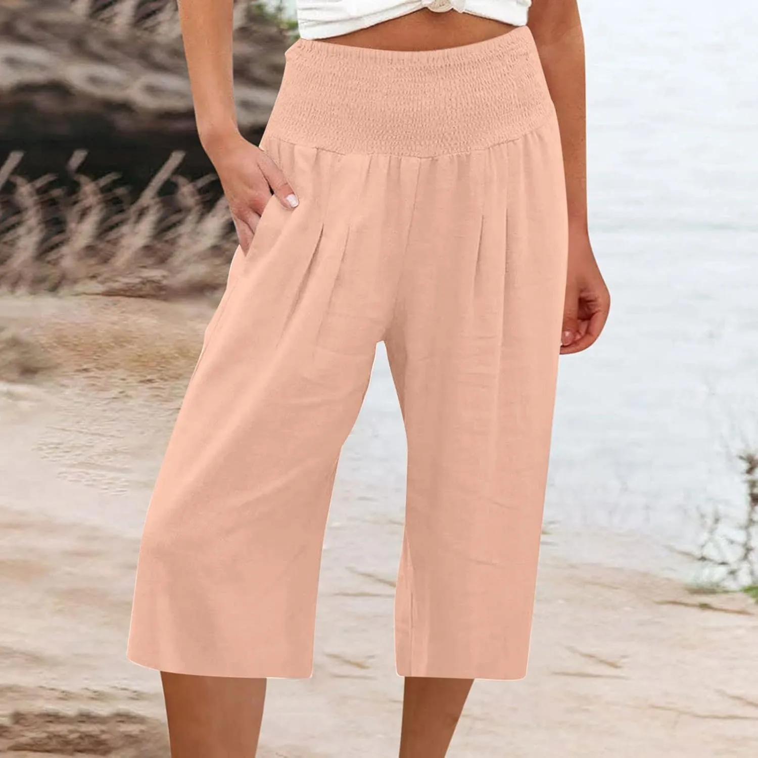 Women's Black Linen Capri Pants, Plus Size Summer Clothes, Palazzo Pants for Women