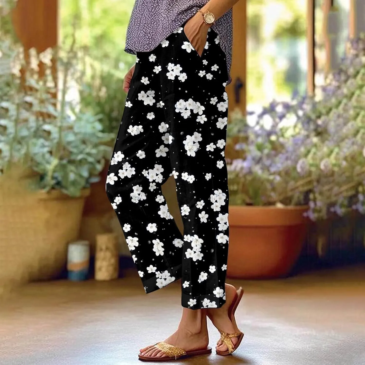 Women's Boho Floral Casual Pants Summer Wide Leg Elastic Waist Beach Vacation Retro Trousers with Pockets Plus Size