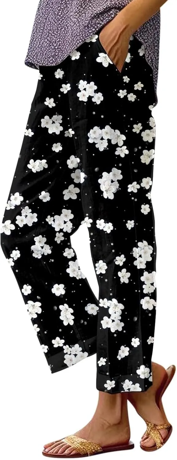 Women's Boho Floral Casual Pants Summer Wide Leg Elastic Waist Beach Vacation Retro Trousers with Pockets Plus Size