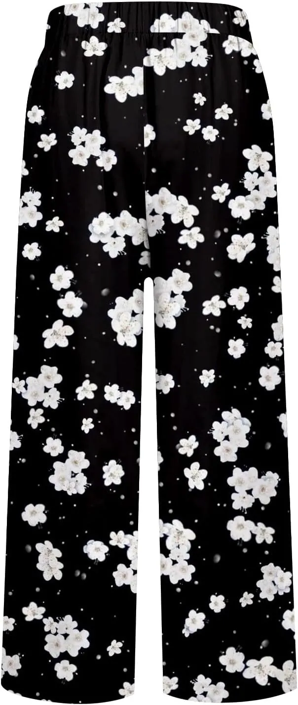 Women's Boho Floral Casual Pants Summer Wide Leg Elastic Waist Beach Vacation Retro Trousers with Pockets Plus Size
