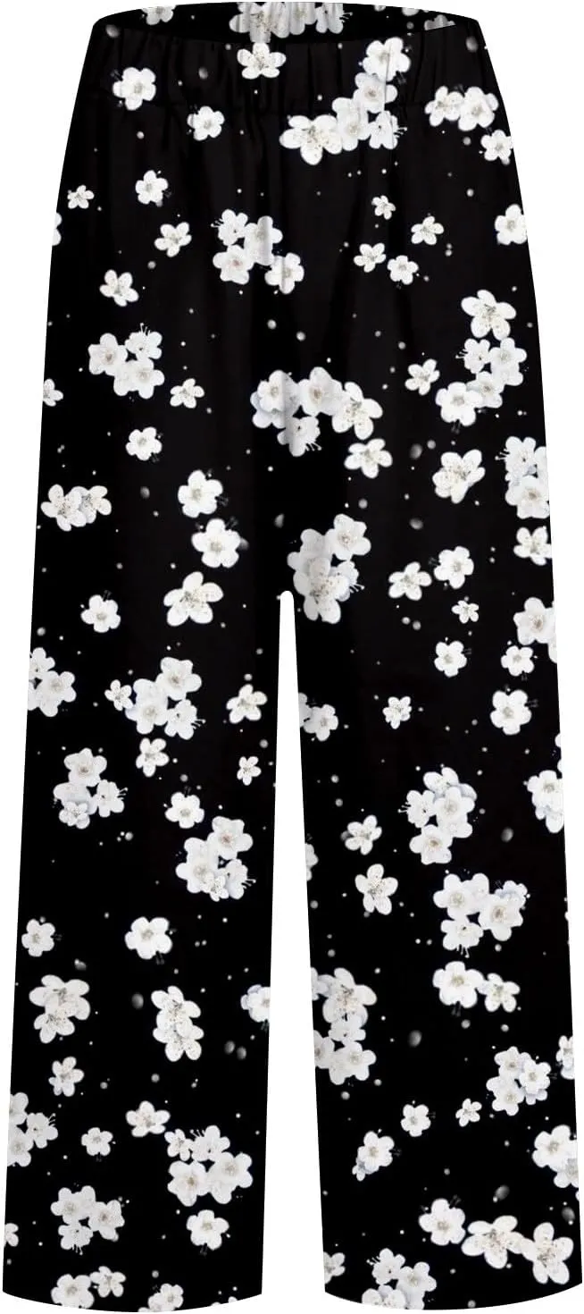 Women's Boho Floral Casual Pants Summer Wide Leg Elastic Waist Beach Vacation Retro Trousers with Pockets Plus Size