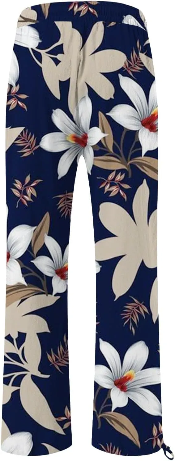 Women's Boho Floral Linen Pants 2025 Summer Boho Wide Leg High Waist Lounge Pant 2025 Beach Travel Vacation Outfits