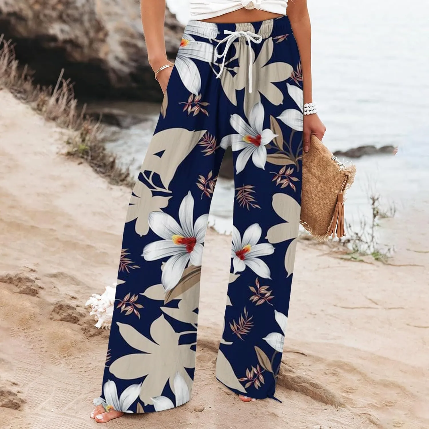 Women's Boho Floral Linen Pants 2025 Summer Boho Wide Leg High Waist Lounge Pant 2025 Beach Travel Vacation Outfits