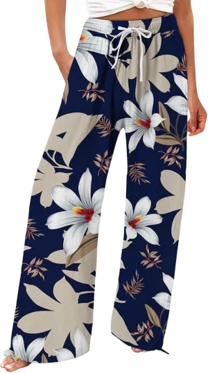 Women's Boho Floral Linen Pants 2025 Summer Boho Wide Leg High Waist Lounge Pant 2025 Beach Travel Vacation Outfits