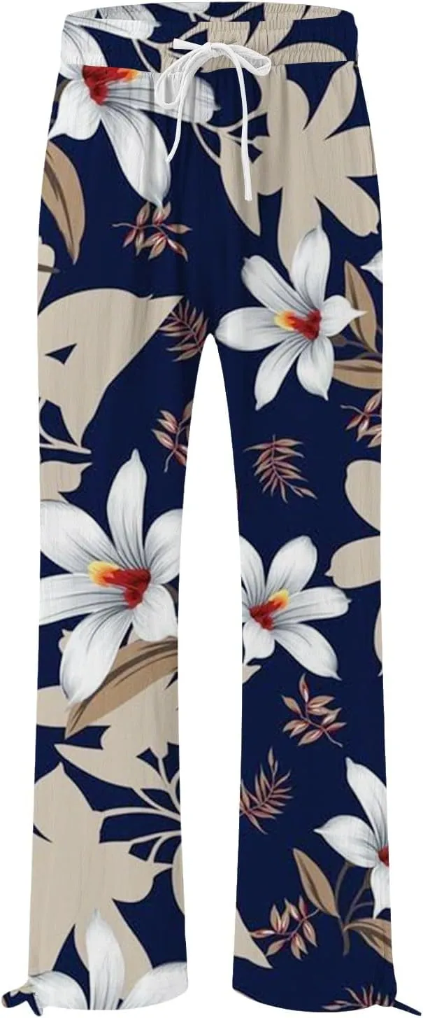 Women's Boho Floral Linen Pants 2025 Summer Boho Wide Leg High Waist Lounge Pant 2025 Beach Travel Vacation Outfits