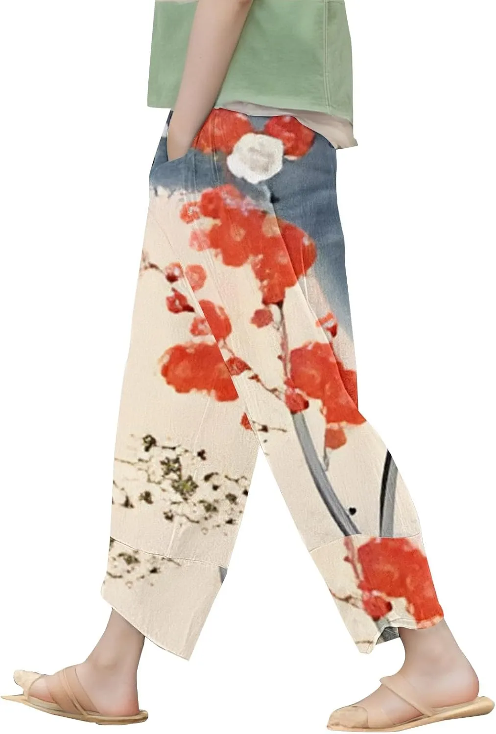 Women's Boho Floral Print Cotton Linen Casual Pants Summer High Waisted Baggy Beach Trousers with Pockets Plus Size