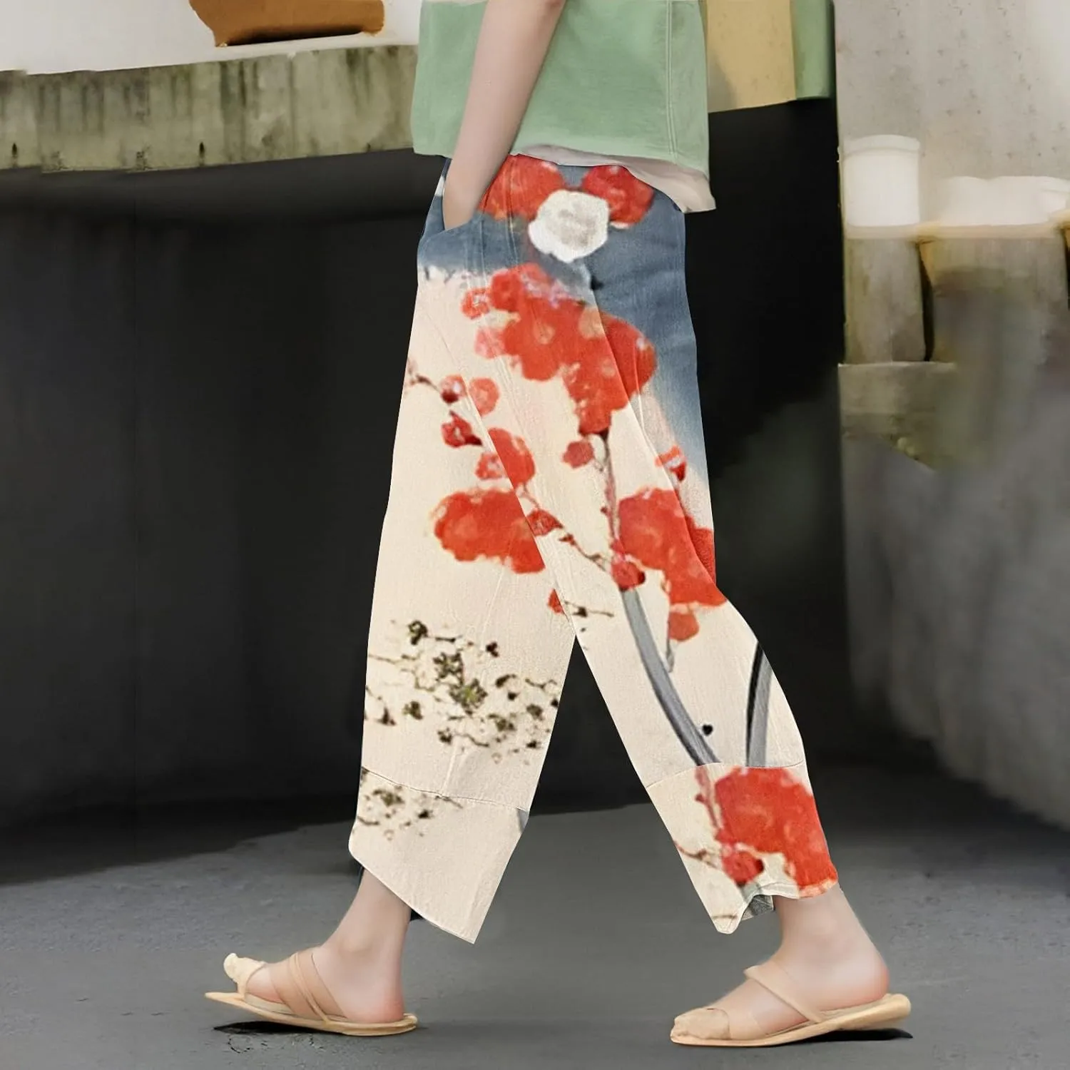Women's Boho Floral Print Cotton Linen Casual Pants Summer High Waisted Baggy Beach Trousers with Pockets Plus Size