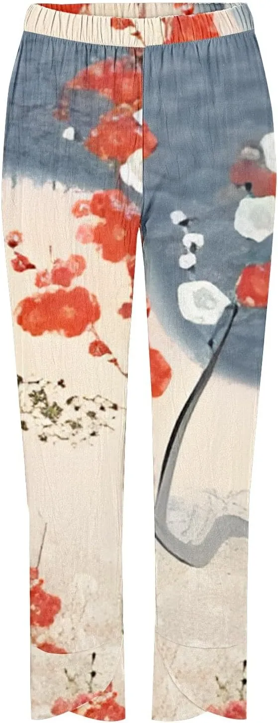Women's Boho Floral Print Cotton Linen Casual Pants Summer High Waisted Baggy Beach Trousers with Pockets Plus Size