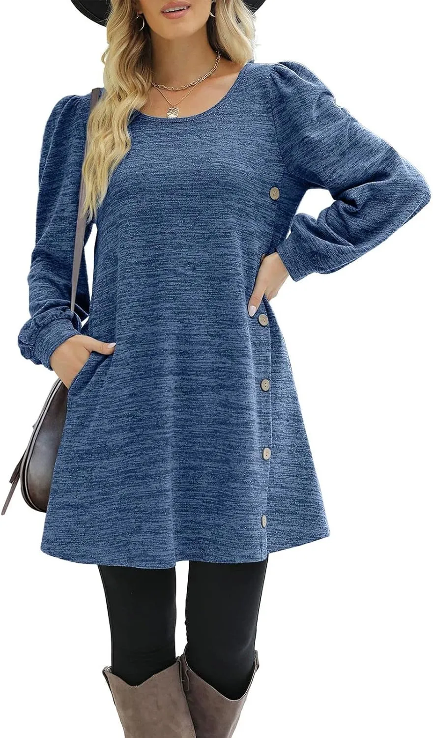 Women's Button Side Long Sleeve Dresses 2024 Fall Fashion Sweater Dresses Casual Crew Neck Pullover Tops with Pockets