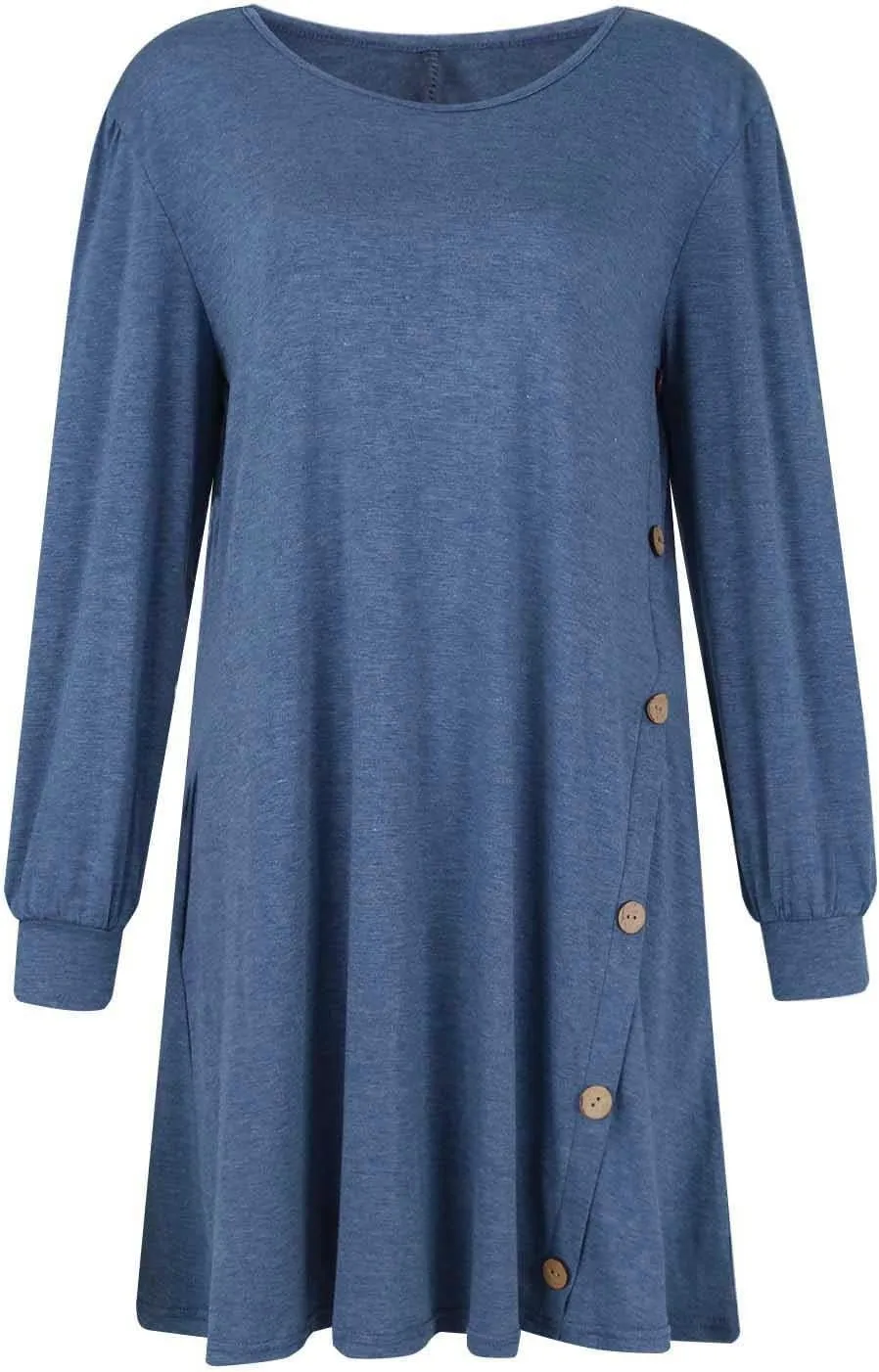 Women's Button Side Long Sleeve Dresses 2024 Fall Fashion Sweater Dresses Casual Crew Neck Pullover Tops with Pockets