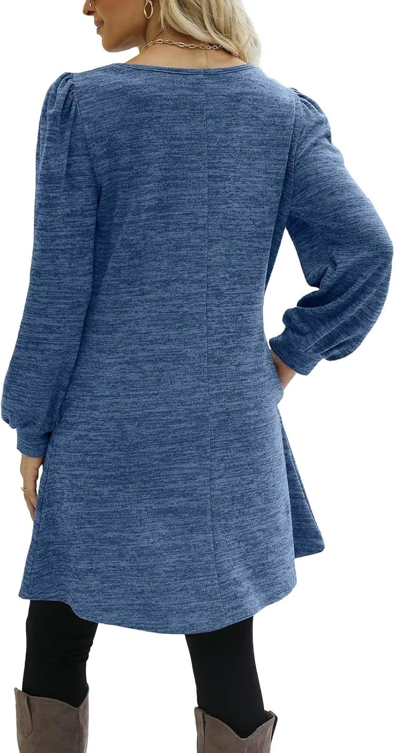 Women's Button Side Long Sleeve Dresses 2024 Fall Fashion Sweater Dresses Casual Crew Neck Pullover Tops with Pockets