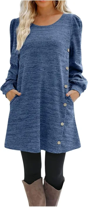 Women's Button Side Long Sleeve Dresses 2024 Fall Fashion Sweater Dresses Casual Crew Neck Pullover Tops with Pockets