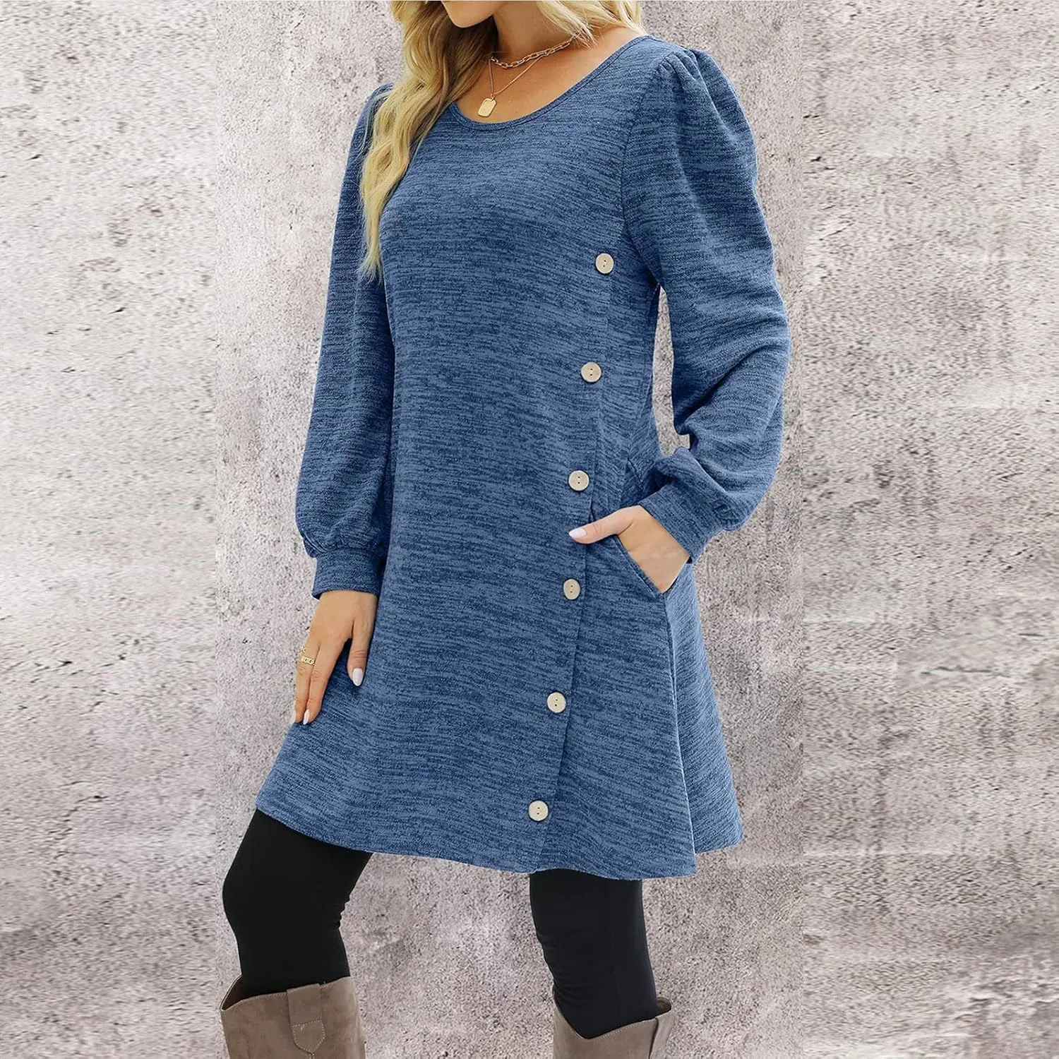 Women's Button Side Long Sleeve Dresses 2024 Fall Fashion Sweater Dresses Casual Crew Neck Pullover Tops with Pockets