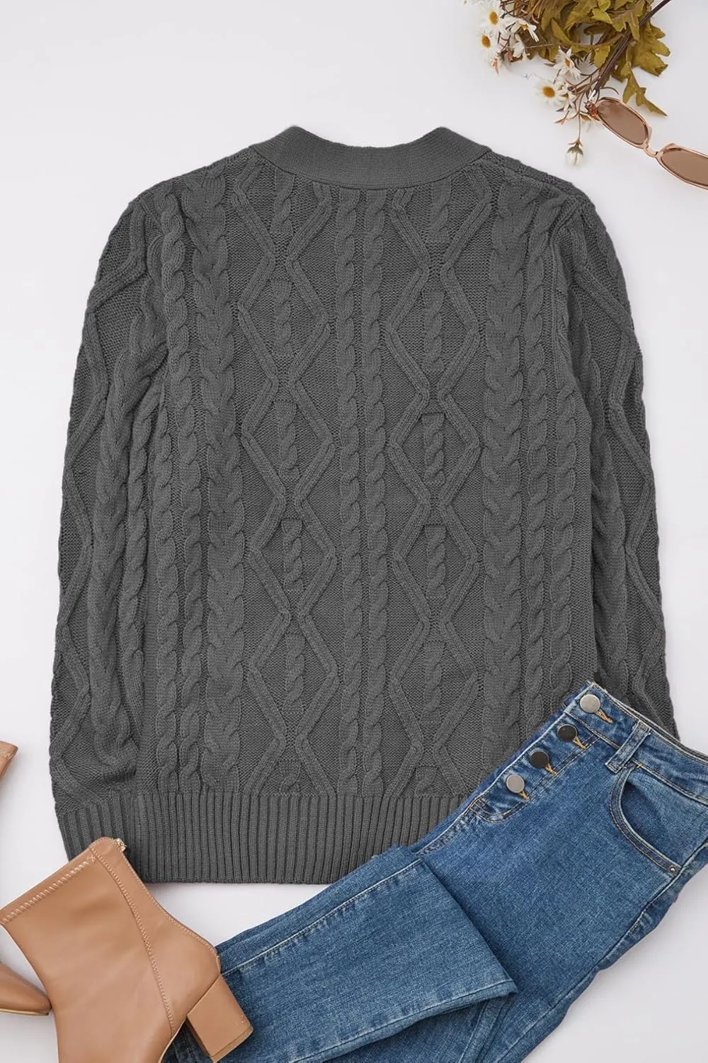 Women's Cable Knit Open Front Button Down Cardigan Sweater Long Sleeve Chunky Fall Sweater Outwear