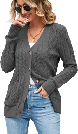 Women's Cable Knit Open Front Button Down Cardigan Sweater Long Sleeve Chunky Fall Sweater Outwear