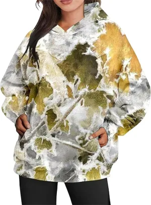 Womens Camo Hoodies Maple Leaf Print Oversized Hooded Camo Sweatshirt,Maple Leaf Print Pullover Tops with Pocket