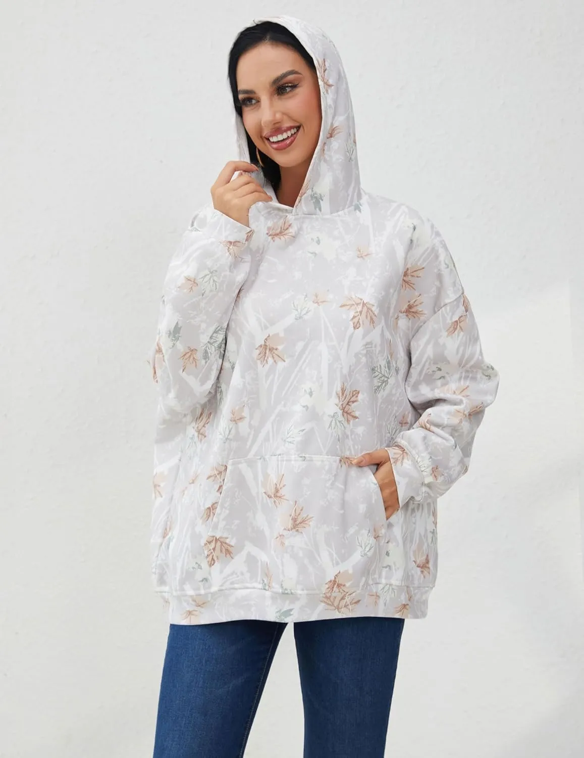 Womens Camo Hoodies Maple Leaf Print Oversized Hooded Pullover Shirt Fleece Long Sleeve Camo Sweatshirt With Pocket