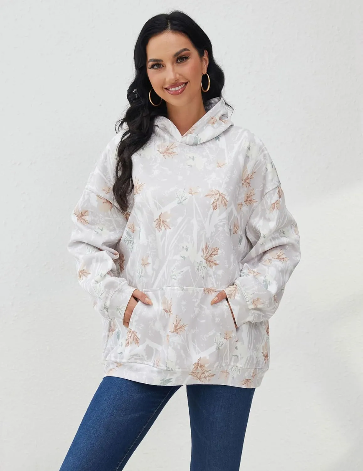 Womens Camo Hoodies Maple Leaf Print Oversized Hooded Pullover Shirt Fleece Long Sleeve Camo Sweatshirt With Pocket