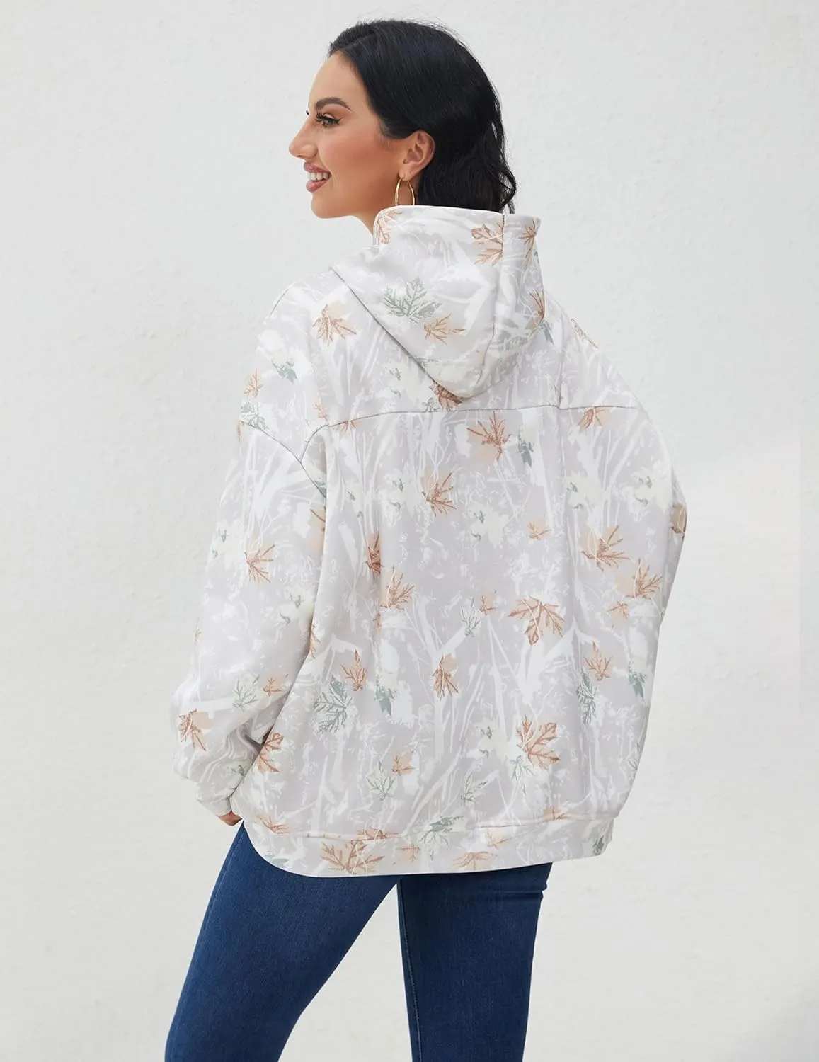 Womens Camo Hoodies Maple Leaf Print Oversized Hooded Pullover Shirt Fleece Long Sleeve Camo Sweatshirt With Pocket