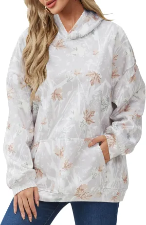 Womens Camo Hoodies Maple Leaf Print Oversized Hooded Pullover Shirt Fleece Long Sleeve Camo Sweatshirt With Pocket