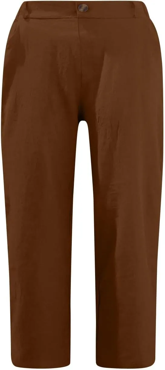 Womens Capri Pants Cotton Linen Cropped Pants Summer Trendy Elastic Waist Capris Fashion Wear Beach Vacation Trouser