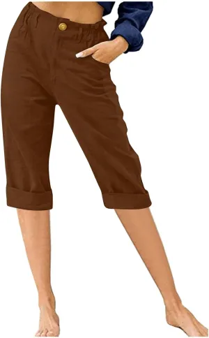 Womens Capri Pants Cotton Linen Cropped Pants Summer Trendy Elastic Waist Capris Fashion Wear Beach Vacation Trouser