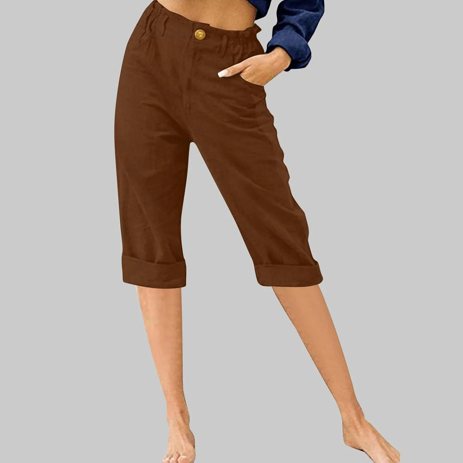 Womens Capri Pants Cotton Linen Cropped Pants Summer Trendy Elastic Waist Capris Fashion Wear Beach Vacation Trouser
