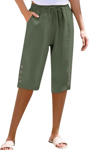 Womens Capris Pants High Waist Drawstring Comfy Casual Pants Lightweight Loose Trousers Buttons Trim with Pockets