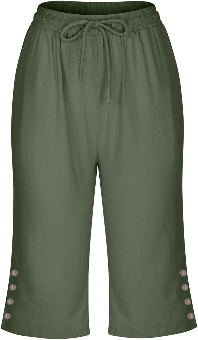 Womens Capris Pants High Waist Drawstring Comfy Casual Pants Lightweight Loose Trousers Buttons Trim with Pockets
