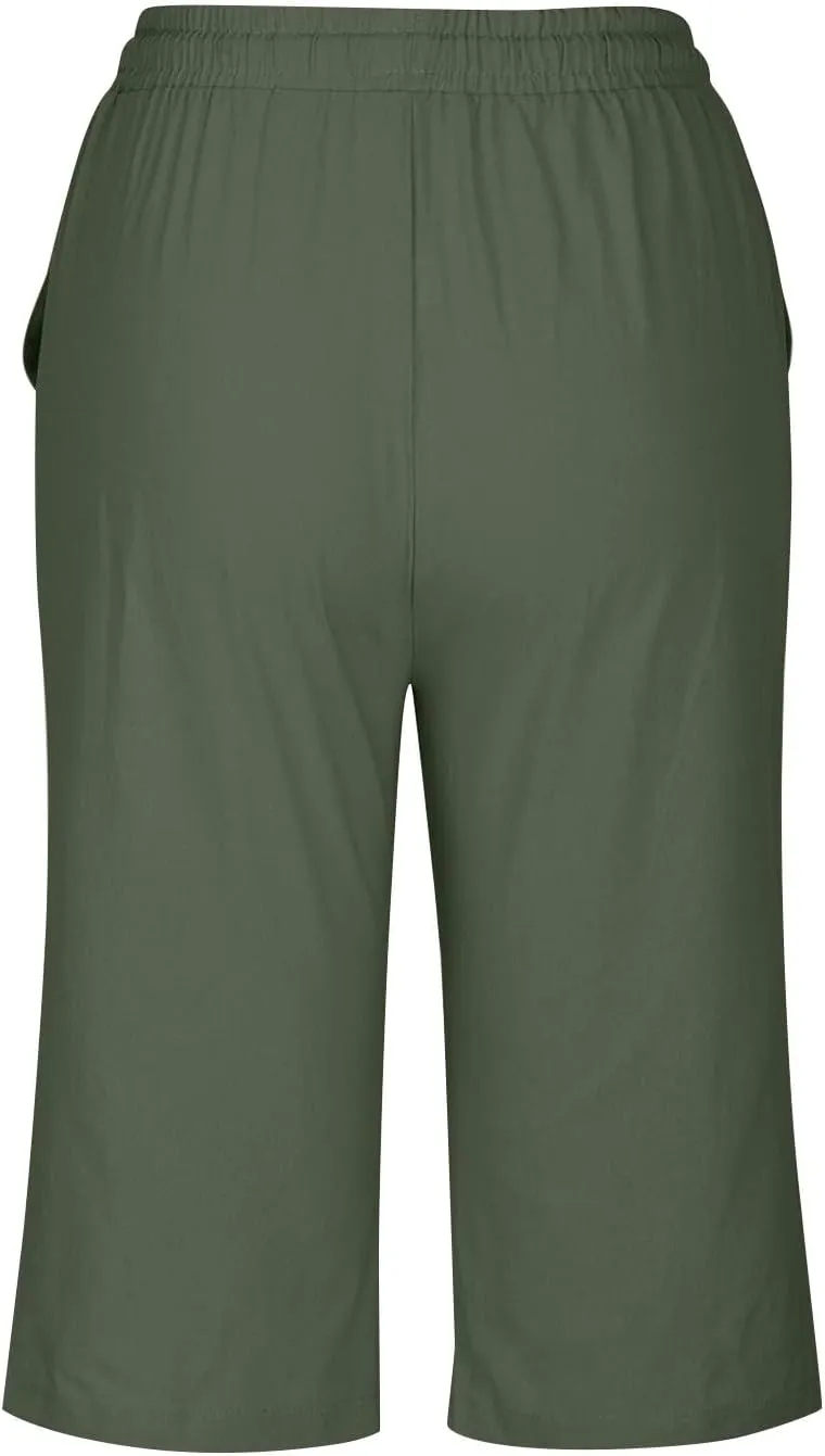 Womens Capris Pants High Waist Drawstring Comfy Casual Pants Lightweight Loose Trousers Buttons Trim with Pockets