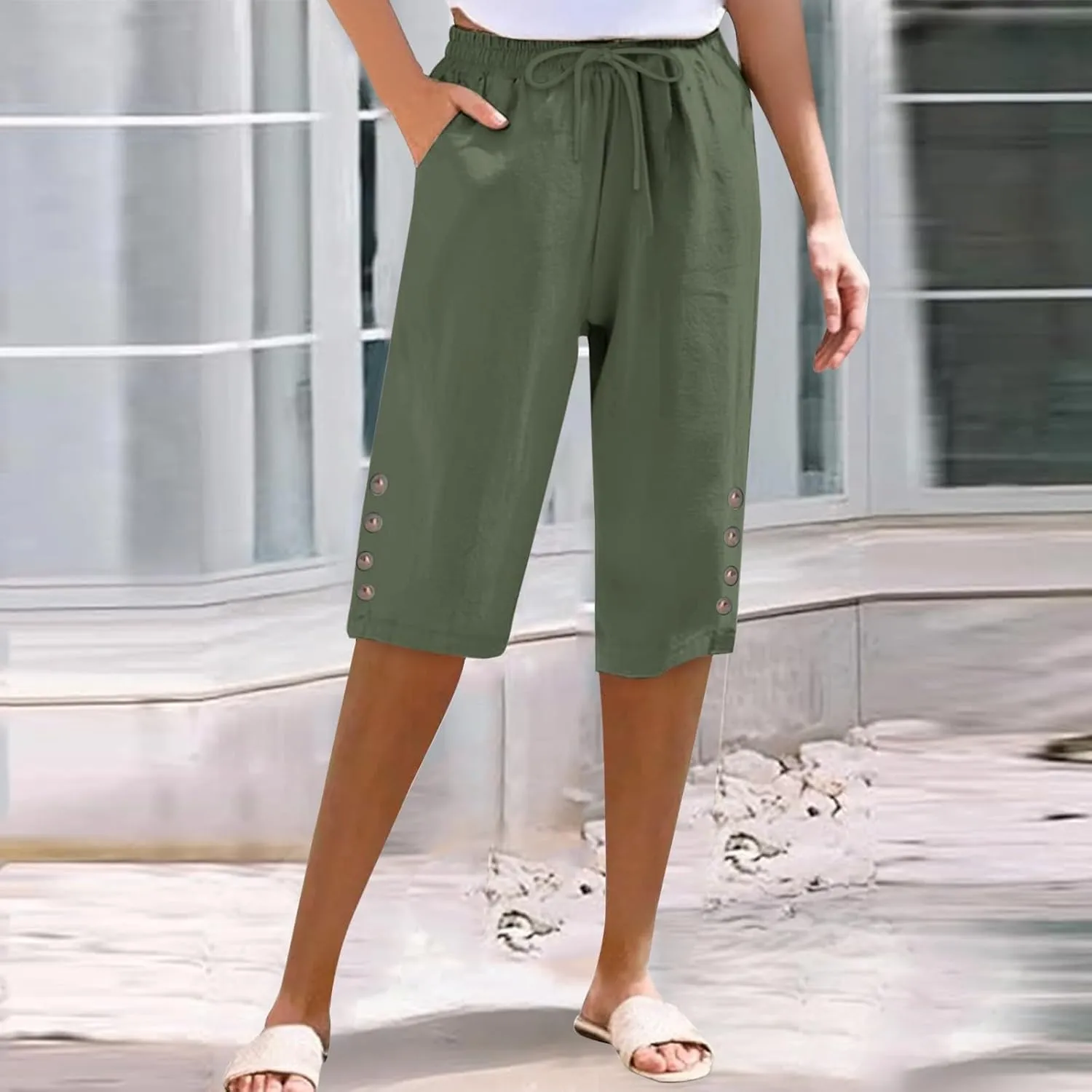 Womens Capris Pants High Waist Drawstring Comfy Casual Pants Lightweight Loose Trousers Buttons Trim with Pockets