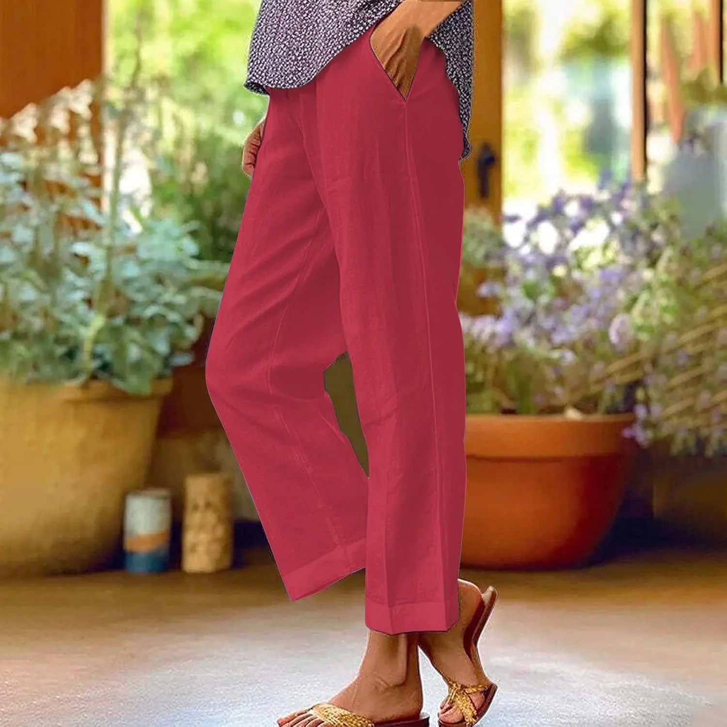 Women's Casual Boho Cotton Linen Pants Elastic Waisted Drawstring Straight Leg Summer Beach Baggy Capri with Pockets