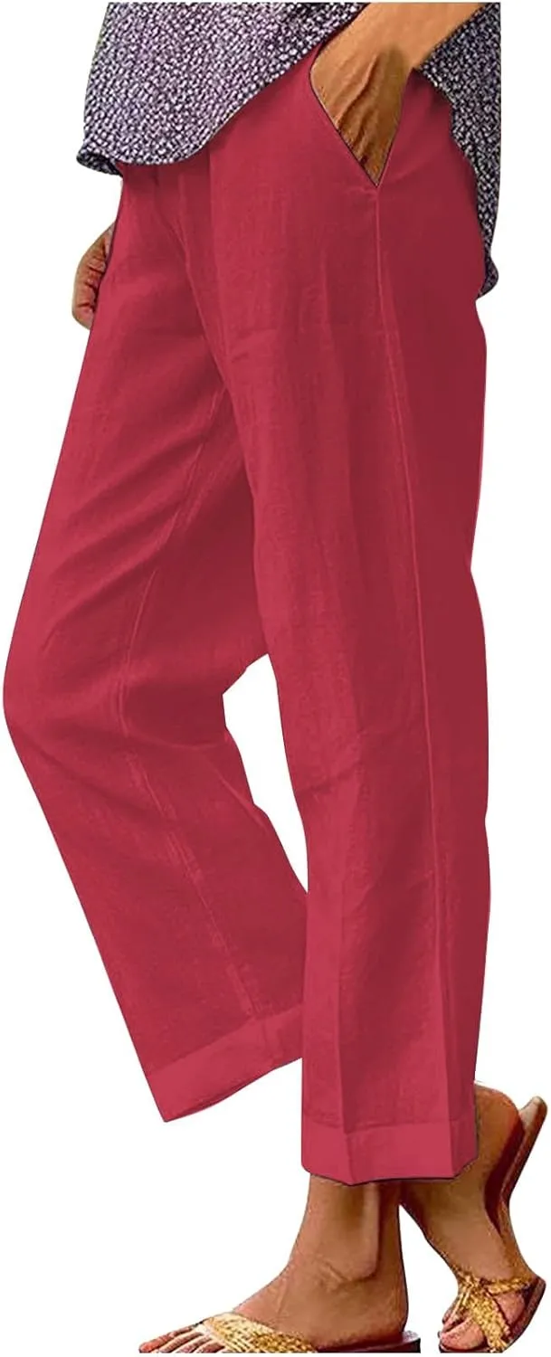 Women's Casual Boho Cotton Linen Pants Elastic Waisted Drawstring Straight Leg Summer Beach Baggy Capri with Pockets