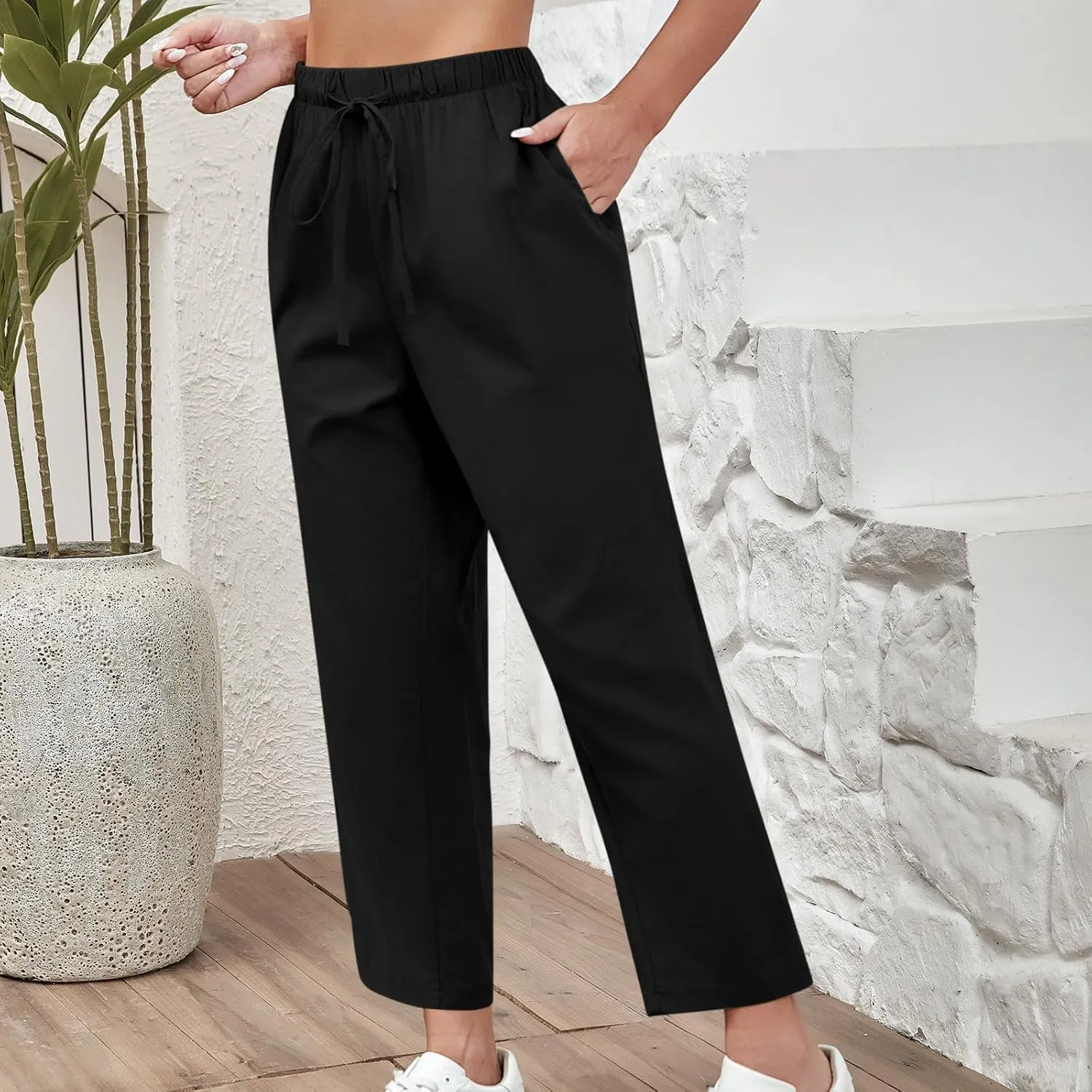 Women's Casual Cotton Linen Pants Summer Wide Straight Leg Lounge Trousers Elastic Waist Drawstring Pant with Pockets