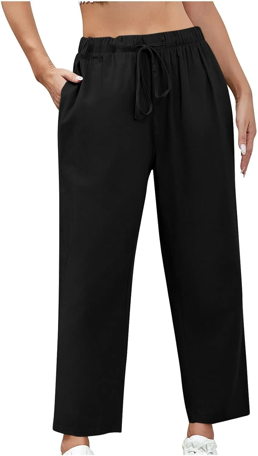 Women's Casual Cotton Linen Pants Summer Wide Straight Leg Lounge Trousers Elastic Waist Drawstring Pant with Pockets