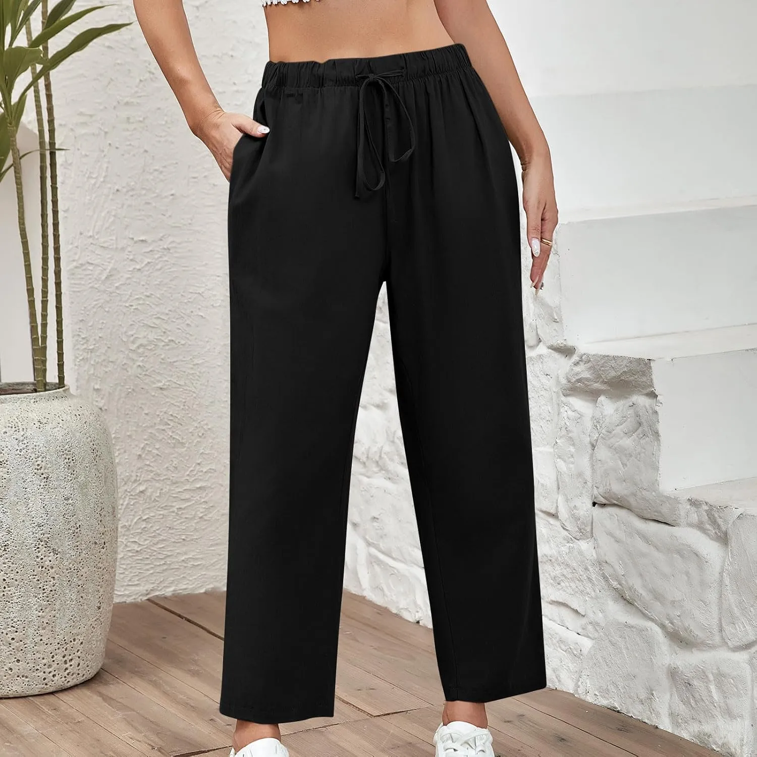 Women's Casual Cotton Linen Pants Summer Wide Straight Leg Lounge Trousers Elastic Waist Drawstring Pant with Pockets