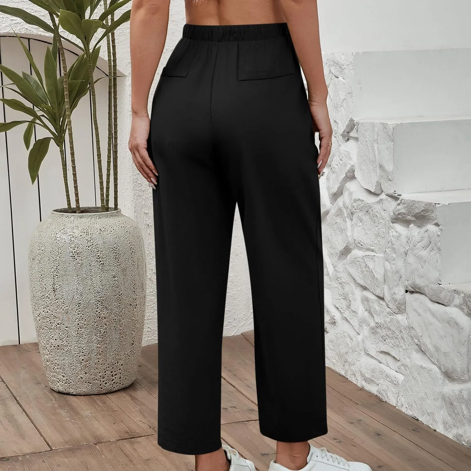 Women's Casual Cotton Linen Pants Summer Wide Straight Leg Lounge Trousers Elastic Waist Drawstring Pant with Pockets