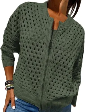 Women's Casual Hollow Knitwear Zipper Jacket, Crochet Fishnet Knit Shawl Sweater Jacket Lightweight Cardigan Sweater