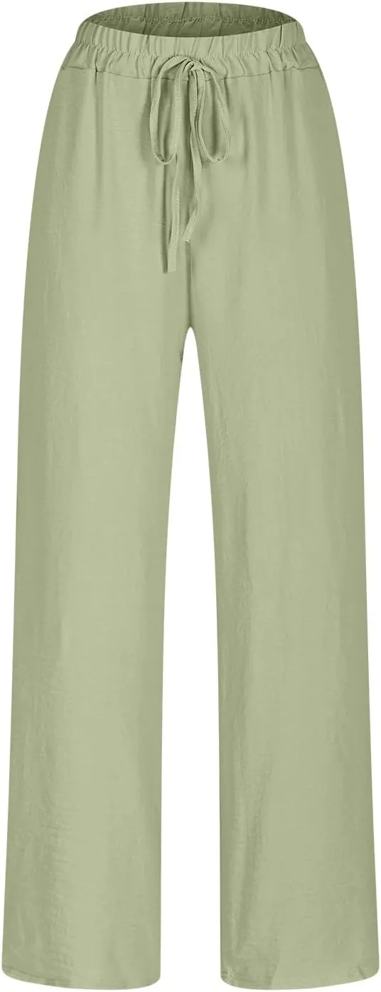 Womens Casual Linen High Waist Pants Drawstring Loose Fit Summer Pants Fashion Solid Color Trousers with Pockets