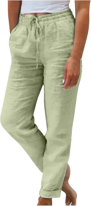 Womens Casual Linen High Waist Pants Drawstring Loose Fit Summer Pants Fashion Solid Color Trousers with Pockets