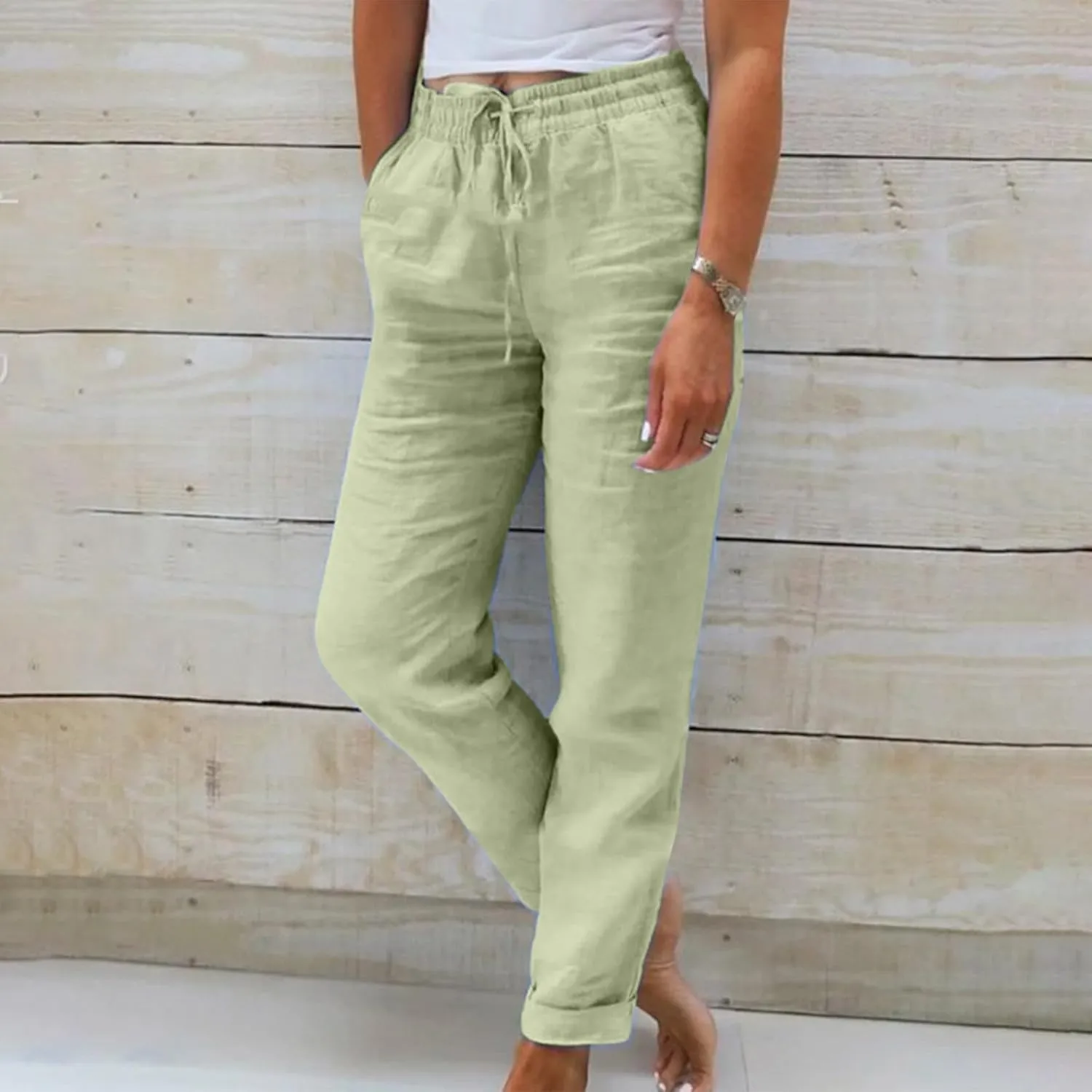 Womens Casual Linen High Waist Pants Drawstring Loose Fit Summer Pants Fashion Solid Color Trousers with Pockets