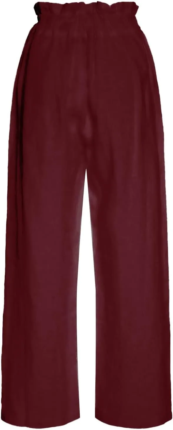 Womens Casual Straight Leg Pants Wide Leg Cotton Linen Elastic Smocked Waist Pants Summer Beach Solid Color Lounge Trousers