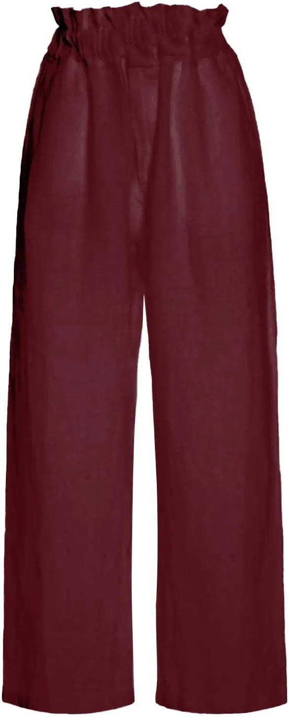 Womens Casual Straight Leg Pants Wide Leg Cotton Linen Elastic Smocked Waist Pants Summer Beach Solid Color Lounge Trousers