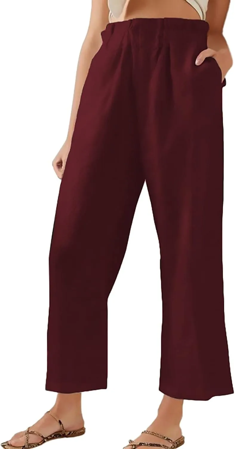 Womens Casual Straight Leg Pants Wide Leg Cotton Linen Elastic Smocked Waist Pants Summer Beach Solid Color Lounge Trousers