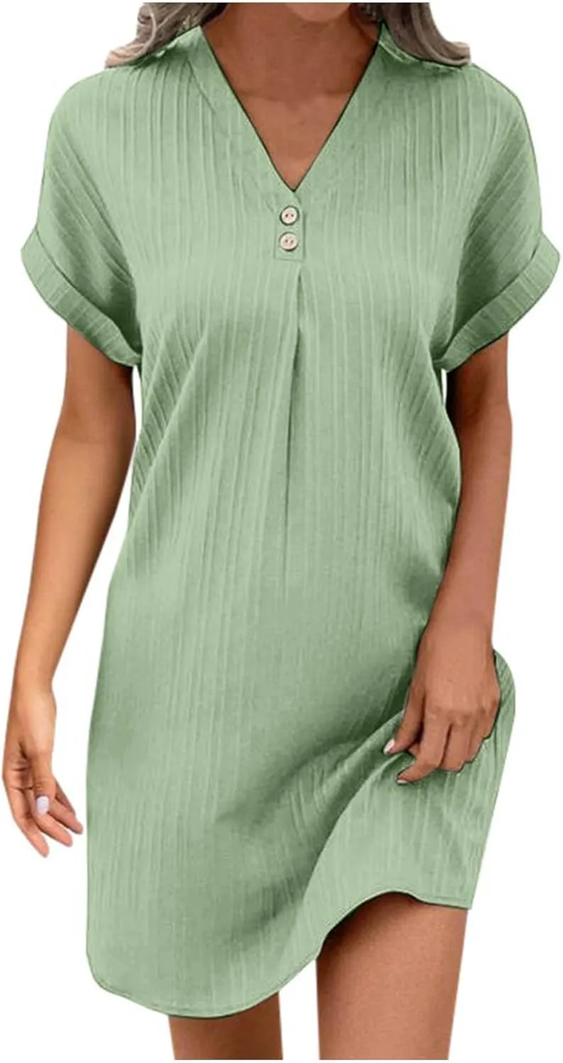 Women's Casual T Shirt Dress Summer V Neck Button Short Sleeve Dresses 2025 Mini Sundresses Linen Dress Women