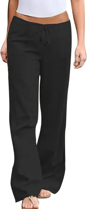 Womens Casual Wide Leg Pants Cotton Linen Straight Leg Drawstring Elastic High Waisted Long Pants Summer Beach Lounge Trouser