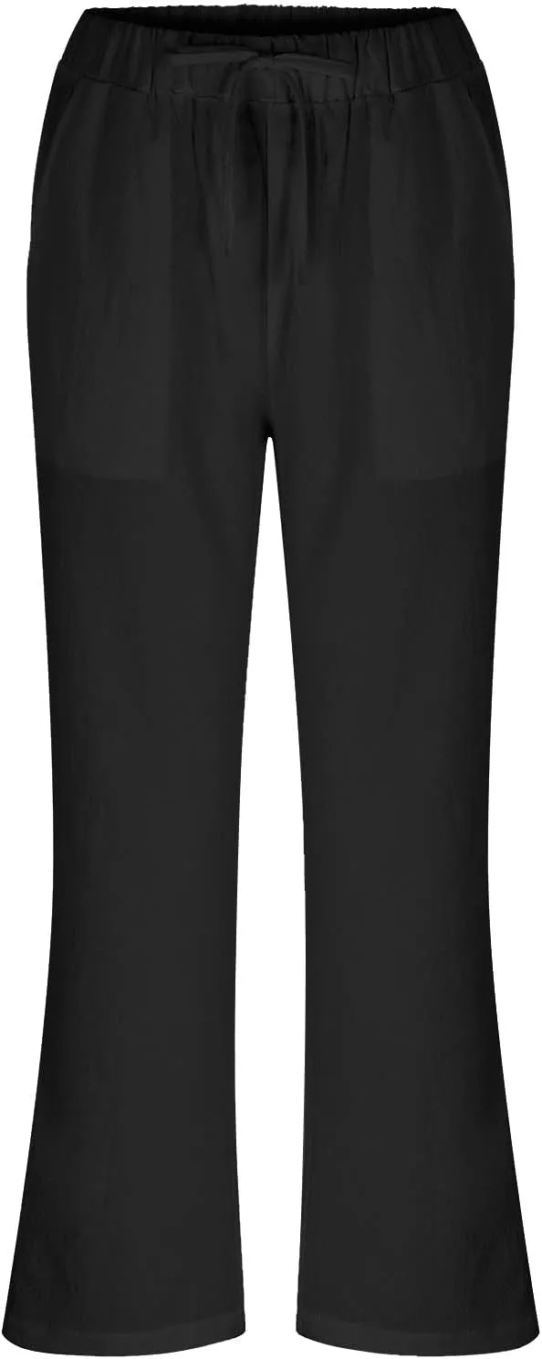 Womens Casual Wide Leg Pants Cotton Linen Straight Leg Drawstring Elastic High Waisted Long Pants Summer Beach Lounge Trouser