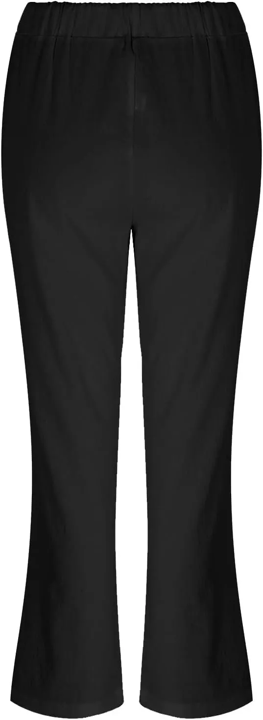 Womens Casual Wide Leg Pants Cotton Linen Straight Leg Drawstring Elastic High Waisted Long Pants Summer Beach Lounge Trouser