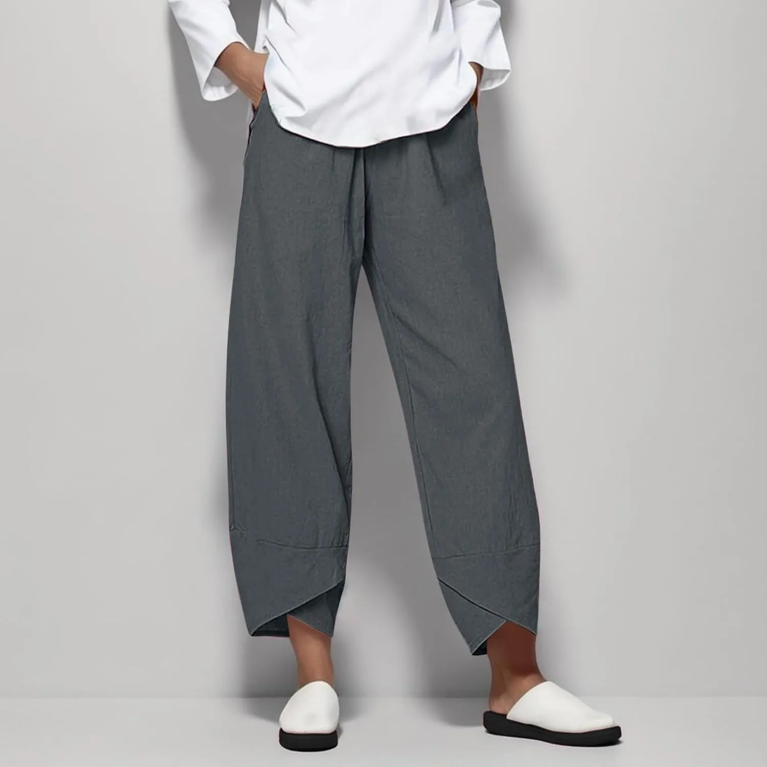 Womens Cotton Linen Casual Summer Capri Pants Printed Cropped Comfy Baggy Trousers with Pockets Palazzo Lounge Pants